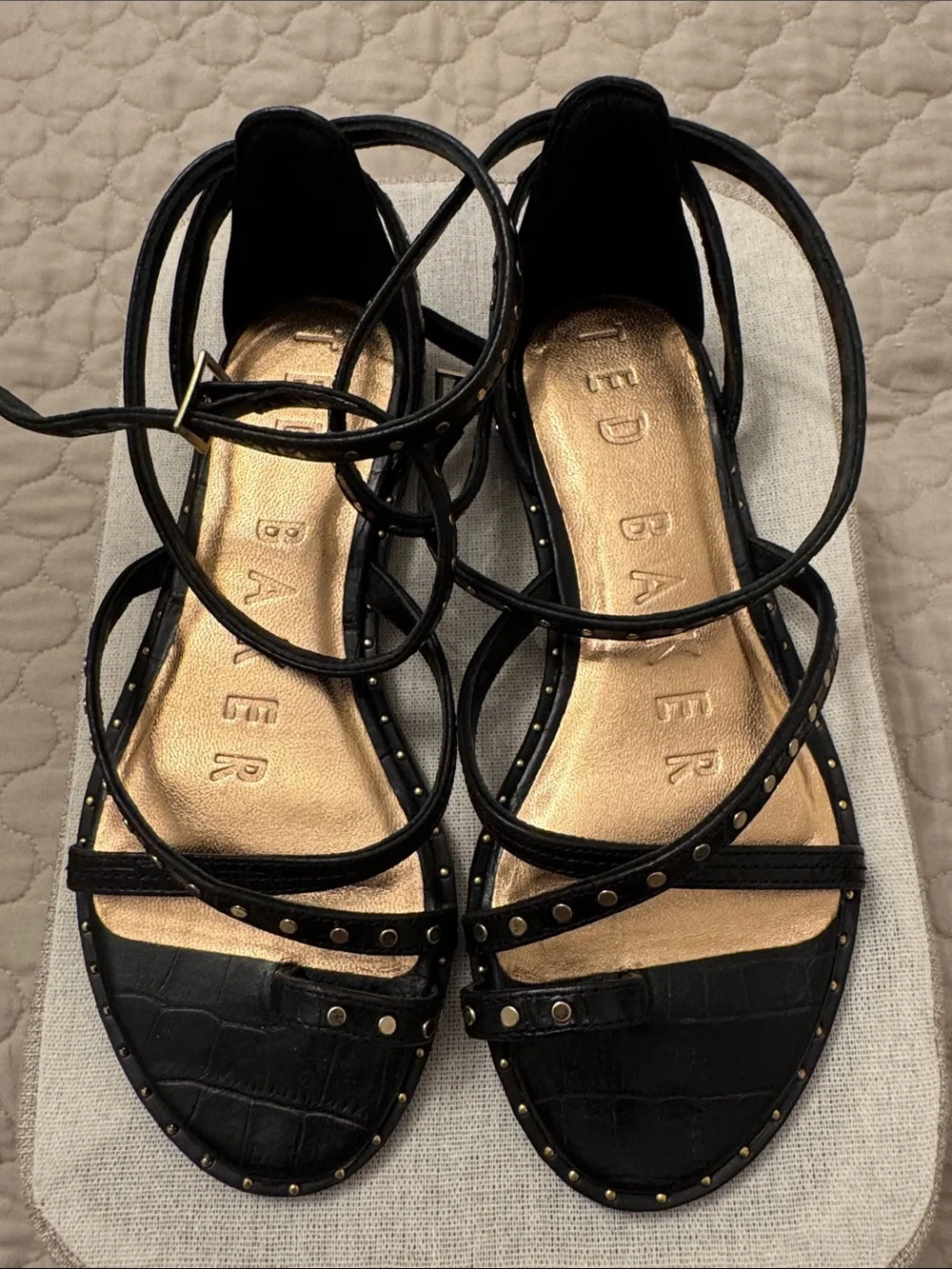 Ted Baker Black Strappy Studded Ankle Wrap Sandals